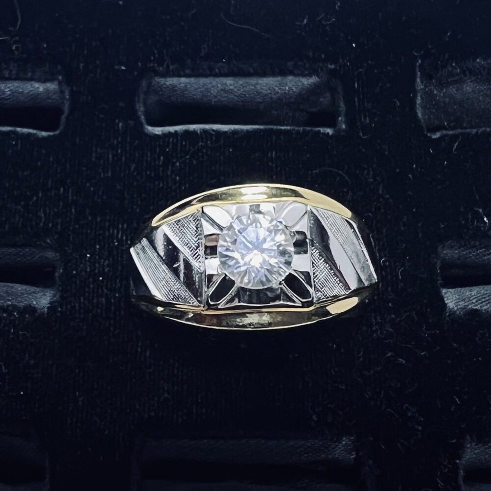ESPO 14kt Gold Electroplate & Silver Tone Men's Ring W/Clear Rhinestone (R416)